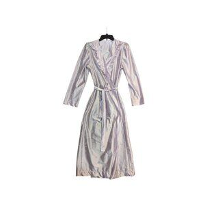 Vintage At HomeWear Womens Satin Floral Robe With Belt Made In USA Size Medium